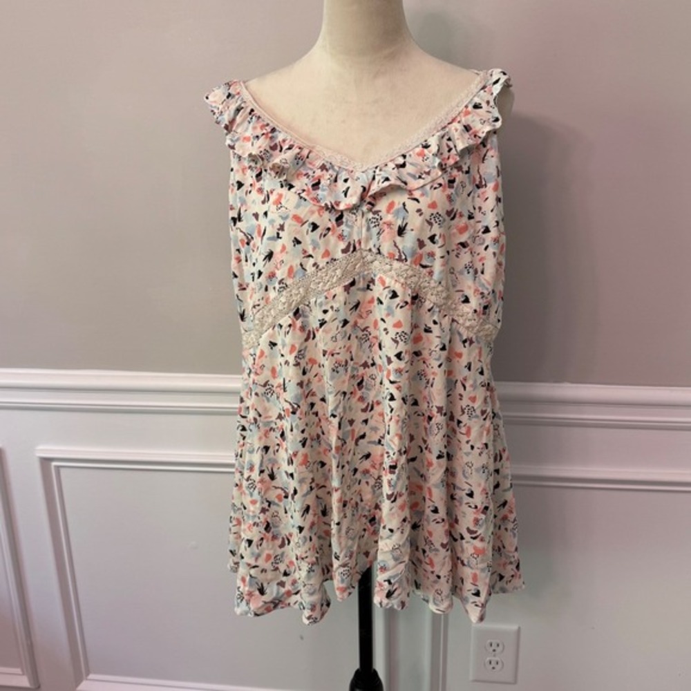 Abstract Print Y2K Ruffle Lace Trim‎ Babydoll Empire Waist Top Pink 2 - Picture 3 of 14